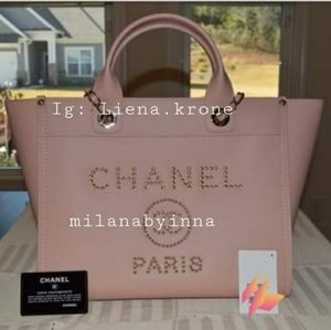 Chanel Deauville caviar tote bag large size studded light blush pink bag